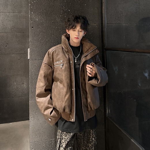 NYING Maillard PU leather cotton jacket men's winter new trendy brand thickened warm stand-up collar cotton jacket handsome loose cotton jacket brown XL