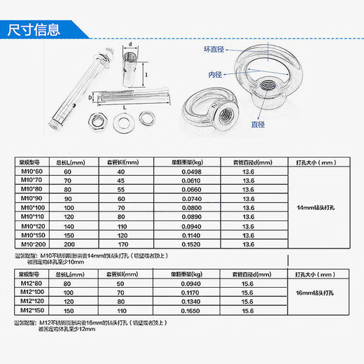 Hesdig JG-664 304 stainless steel lifting ring expansion screw universal hook ring popping bolt with ring hook (seamless) M12*80 Beijing warehouse flash delivery