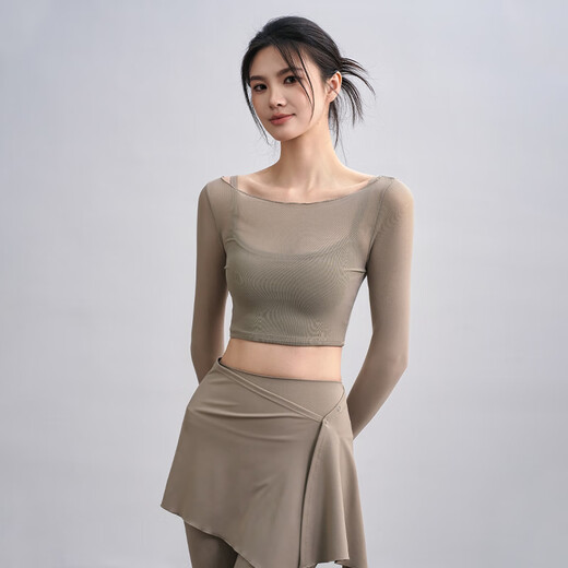 ACKDCS fake two-piece yoga tops for women in autumn and winter with chest pads sports T-shirts mesh splicing long-sleeved Pilates fitness clothes