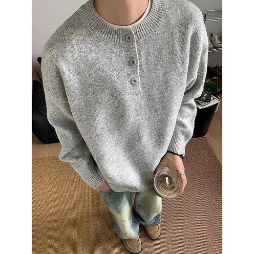 Little Red Book Gray American Sweater Men's Winter High Bottom Lazy Style Sweater Clean Light Gray Henley Collar M
