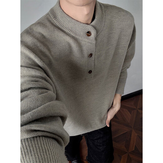 Luyard American trendy high street retro Henry collar woolen clothes for men in autumn and winter versatile high-end bottoming sweaters and clothes Khaki XL