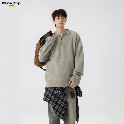 MMOPTOP Retro Henry Collar Sweater Men's Autumn and Winter Warm Loose Casual All-match Knitted Sweater MY109 Light Gray XL
