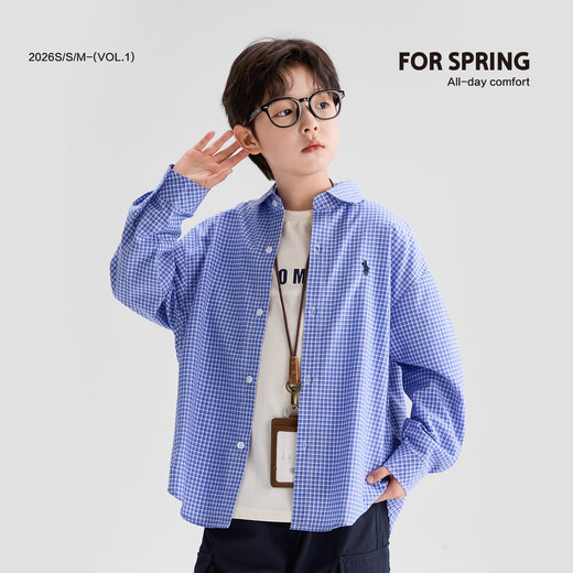Zuoxi children's clothing boys plaid shirt spring and autumn 2026 new style pony embroidered long-sleeved shirt western style children's inner wear blue 130 cm
