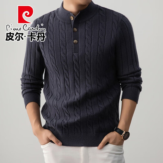 Pierre Cardin flagship store heavyweight sheep wool henley collar sweater for men spring and autumn thickened warm old money style base sweater mocha brown XL 115