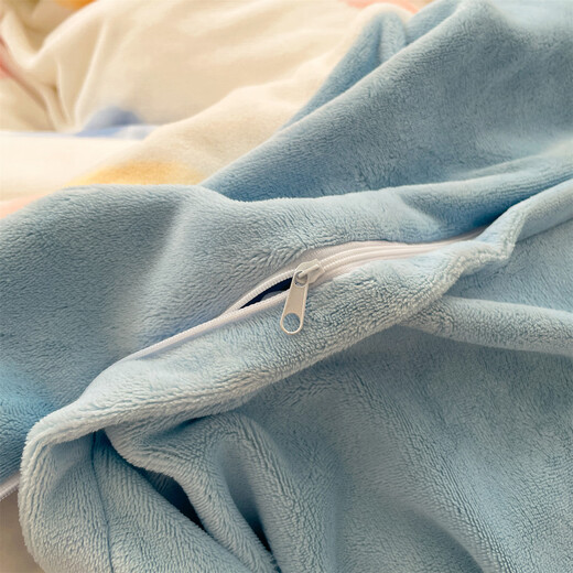 Hongdou Home Textiles Winter Thickened Warm Milk Velvet Bed Four-piece Set Double-sided Velvet Bed Sheets and Quilt Covers Flannel Coral Velvet Bed Sheet Covers Colorful Flower + Baby Blue Velvet Warmth Skin Friendly Anti-static Suitable for 1.2m Bed Sheets - Quilt Cover 150*200cm