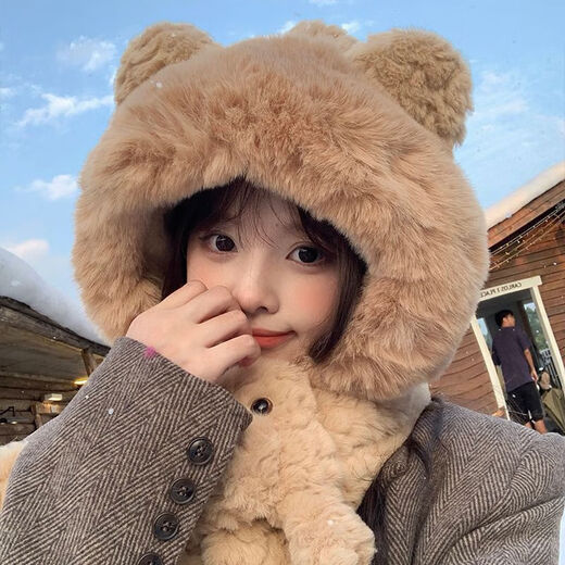 Luge Li Bear Ears Hat Scarf All-in-one Women's Winter Warmth Versatile Windproof Plus Velvet Thickened Plush Scarf Lei Feng Hat Bear Scarf Hat Beige