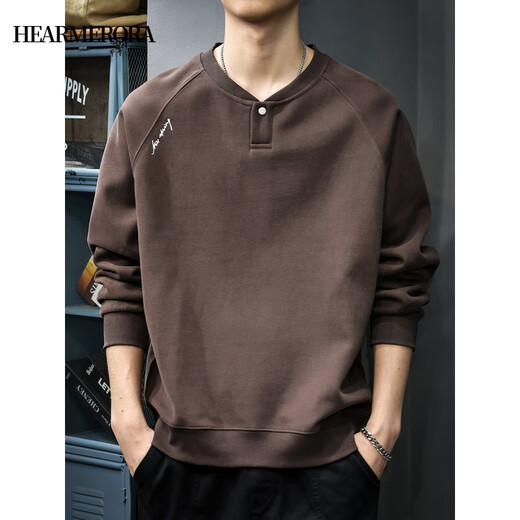 HEARMERORA2025 Spring New Henry Neck Sweatshirt Men's Fashion Brand Embroidery Splicing Heavy Weight Loose Pullover Casual Dark Gray M _Suitable Weight 90-130Jin Jin is equal to 0.5 kg