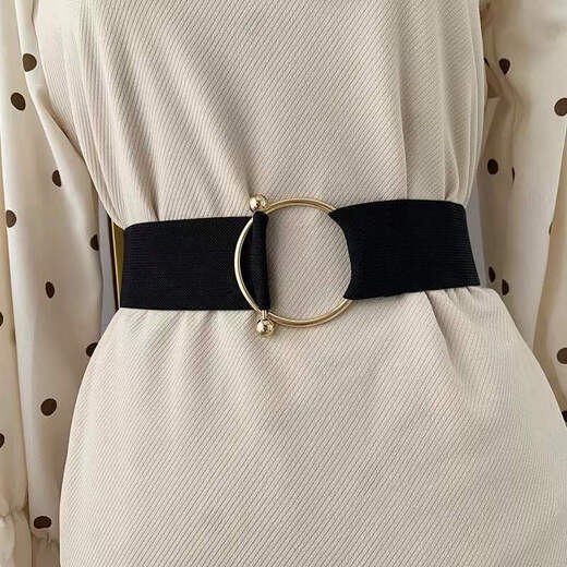 Jinbing women's belt black simple waistband elastic loose tight round buckle waist with sweater shirt fashion dress belt gold buckle black