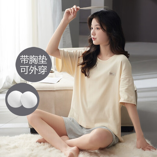 
LangSha (LangSha) pajamas with chest pad for women in summer short-sleeved thin cotton breathable home clothing for girls in summer LYSM6210 XL Recommended 165-170CM/120-140Jin [Jin equals 0.5 kg]