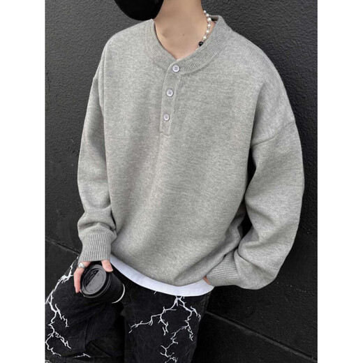Little Red Book Gray American Sweater Men's Winter High Bottom Lazy Style Sweater Clean Light Gray Henley Collar M