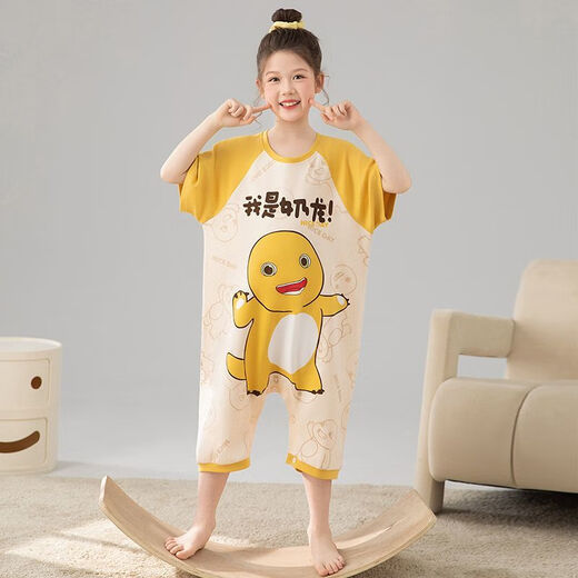 Girls one-piece pajamas summer thin pure cotton short-sleeved snap sleeping bag children baby little girl air-conditioned home clothes M02 one-piece cotton one-piece suit recommended by the store manager 90 size 8 height 90-103cm