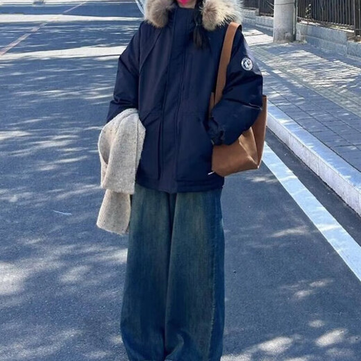 Down cotton-padded jacket for women in winter 2025 new style parka for women small, removable fur collar cotton-padded jacket, versatile jacket, navy blue, thickened, cold-resistant, non-running cotton, M recommended 100-120Jin Jin equals 0.5 kg