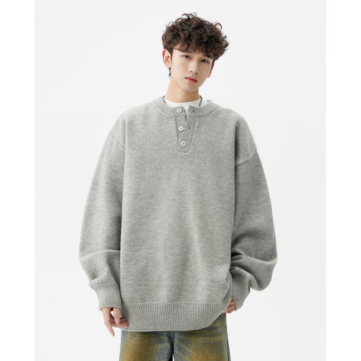 AX Armani American solid color Henry collar sweater for men in autumn and winter new trendy brand-style sweater casual warm couple outer light gray M