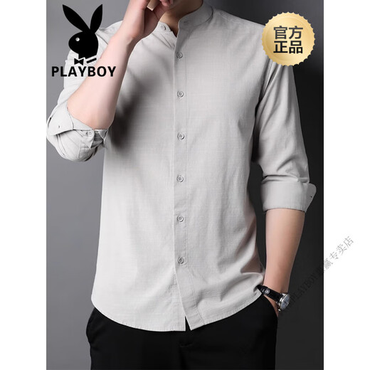 Playboy (PLAYBOY) stand collar long-sleeved shirt men's spring and autumn new high-end Henry collar business casual solid color no-iron shirt dark gray XL 180