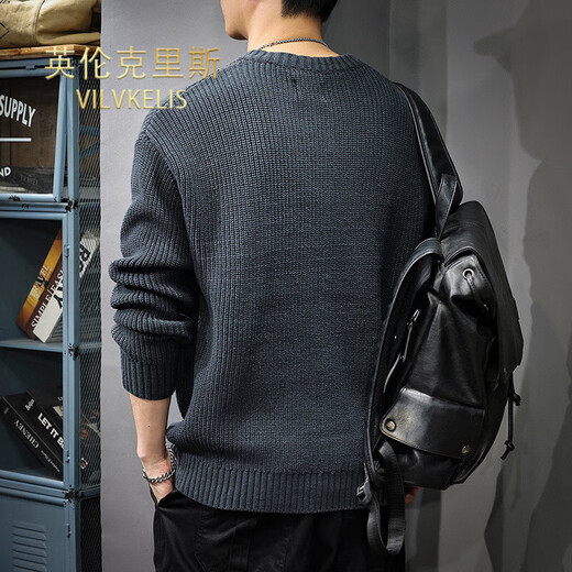 VILVKELIS British Chris-style Henry collar sweater for men in autumn loose large size with long-sleeved American retro casual sweater Khaki M _Suitable weight 105-115Jin Jin equals 0.5 kg