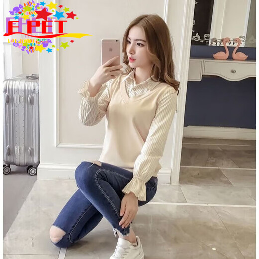 EPET Striped Shirt Women's Long Sleeve 2025 Spring and Autumn New Korean Style Versatile Fake Two-piece Top Small Fresh Shirt Design Blue S 80-95Jin Jin is equal to 0.5 kg