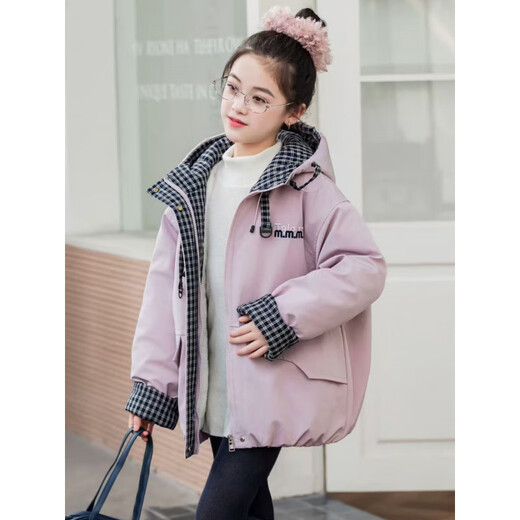 Burwilde International Brand Girls' Cotton Clothes Winter Clothes 2025 New Style Children's Velvet Thickened Cotton Clothes Winter Plaid Splicing Pink 120 cm