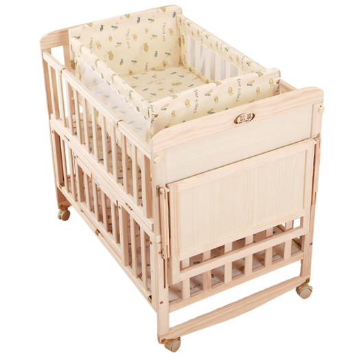Intelligent pine solid wood liftable crib, simple modern multi-functional crib, brown cushion included and mosquito net included, bare bed, one-time package without shelf, diaper table, mosquito net, others_assembly_other structures