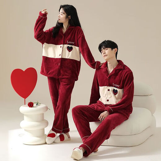 Victoria style wedding couple pajamas winter coral velvet warm red zodiac year newlywed men and women home wear outer suit CY9950 M female + male L