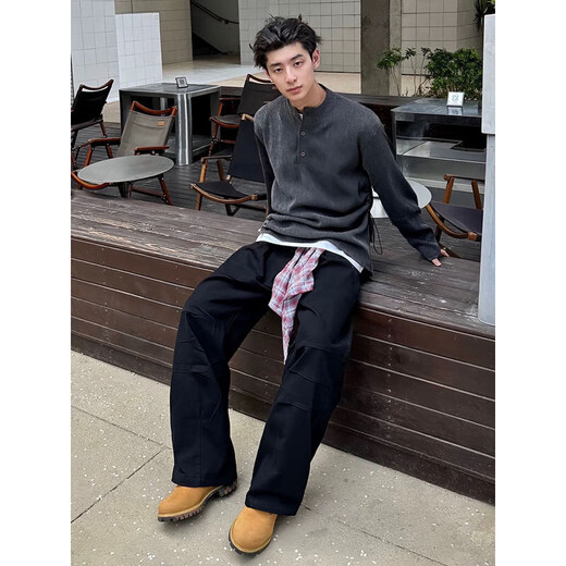 7 excellent products Henry collar long-sleeved T-shirt for men, autumn and winter American retro polo bottoming shirt, loose casual top for men ZSFZ-38033 dark gray M