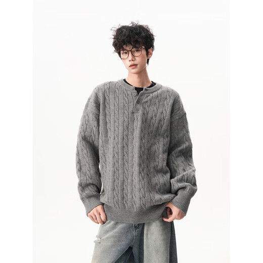 Sensational cable Henry collar sweater for men and women, autumn lazy style knitted sweater, light gray M