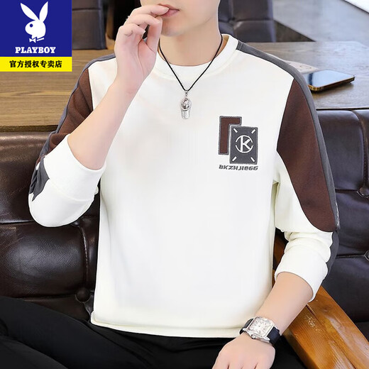 Playboy Spring and Autumn Men's Sweatshirt 2026 New Round Neck Hoodless Embroidered Long Sleeve T-shirt Men's Trendy and Handsome Bottoming Top Spring and Autumn Style-8822 Black High Quality XL Recommended 130-150Jin Jin is equal to 0.5 kg