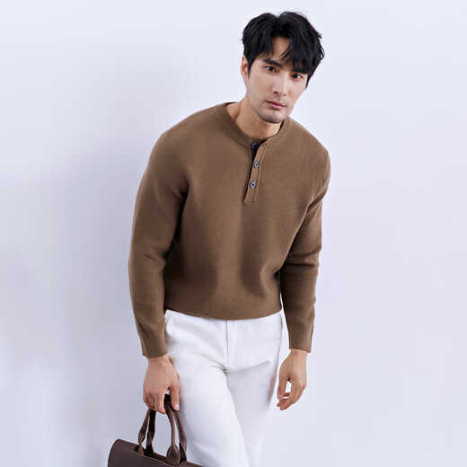 ANTCITY 202024 Autumn and Winter Warmth Henry Collar Wool Knitted Bottoming Shirt Business Casual Pullover Low Neck Sweater for Men Earth Brown M