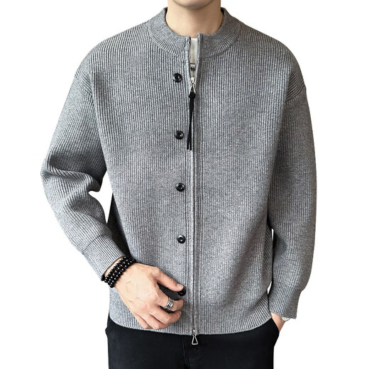 NYJO European Station Men's Sweater Winter Slim Casual Button Henley Collar Sweater Jacket Warm Clothes High-end Gray M