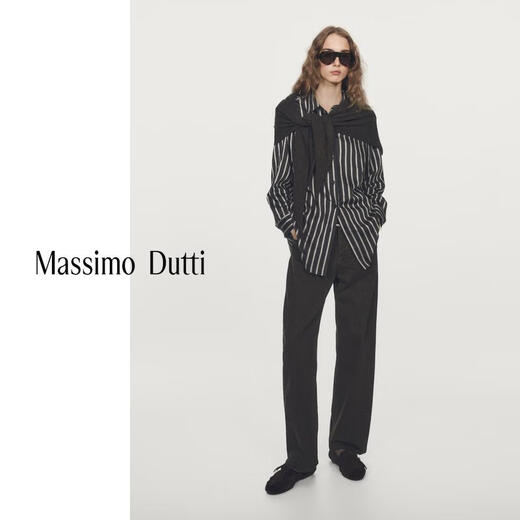 Massimo Dutti Autumn and Winter New Products 2025 Women's Clothing Modern Urban Commuting Style Loose Striped Long-Sleeved Shirt 05184984 Black S (170/88A)