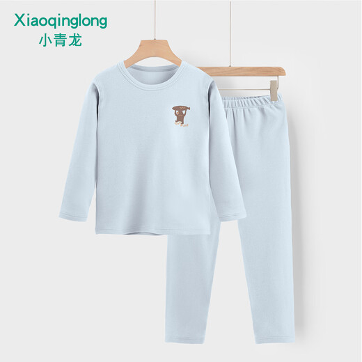 Xiaoqinglong children's silk velvet thermal thermal underwear set for boys and girls, middle-aged and adolescents, autumn clothes and autumn pants, round neck, blue fish bear 120 (recommended 110-120cm)