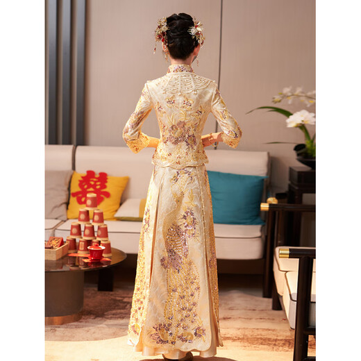 ROAR UTHAUG Champagne Show and Dress Bridal 2024 New Chinese Style Wedding Dress Small Toast Dress Autumn and Winter Wedding Dress High-end Gold Beads (No Headgear) S