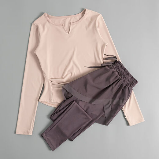 Yoga clothing women's suit autumn and winter 2024 new quick-drying running sports women's suit Pilates fitness clothing red long sleeves + purple trousers M