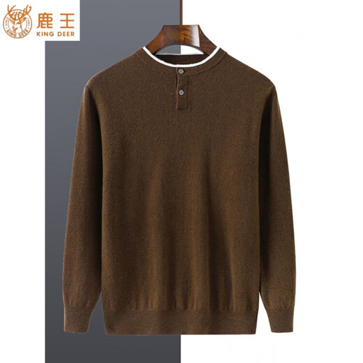 Deer King Men's Cashmere Sweater Henry Collar Autumn and Winter New POLO Fashion Sweater Round Neck Fake Two-piece Knitted Bottoming Wool Sweater Medium Camel Medium Camel S