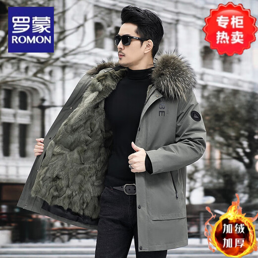 Lomon Paik men's 2025 new winter fox fur lining fur one-piece mid-length mink fur coat green shell + khaki fox fur lining <genuine fur one> M 90Jin Jin equals 0.5kg -110Jin Jin equals 0.5kg