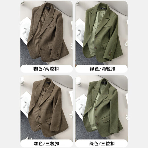 Chenfu woolen suit jacket for women in autumn and winter, small, fashionable, casual, retro temperament, high-end, thickened wool suit, two-button green suit XL, recommended 110-120 Jin Jin equals 0.5 kg