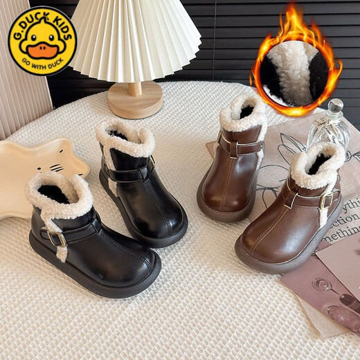 G.duck Little Yellow Duck Girls' Boots Children's 2025 Winter Plush Leather Boots Warm Baby Princess Short Boots Black New Brown Brown Warm Cotton 34 Inner Length 20.8cm