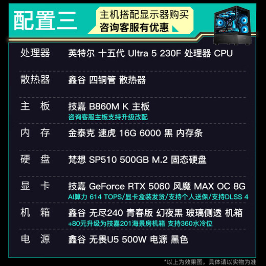 GIGABYTE 5070 host 230F/14600KF/14700KF/5060 desktop assembly computer host design rendering e-sports AI game DIY assembly machine configuration three Ultra 5 230F+RTX5060