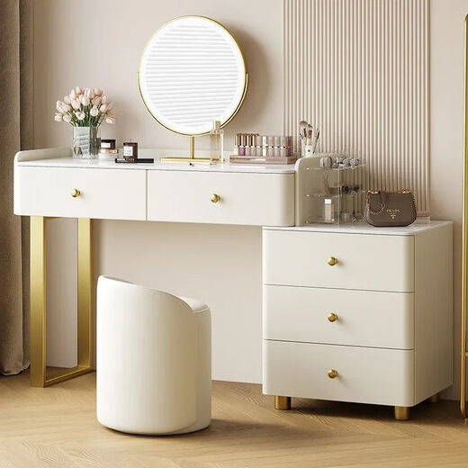 Chugouxiang's new light luxury combination solid wood dressing table, bedside storage cabinet, integrated women's bedroom, modern cream style makeup table, smart mirror - silicone leather - solid wood frame, counter, stool mirror, complete set, length 80cm