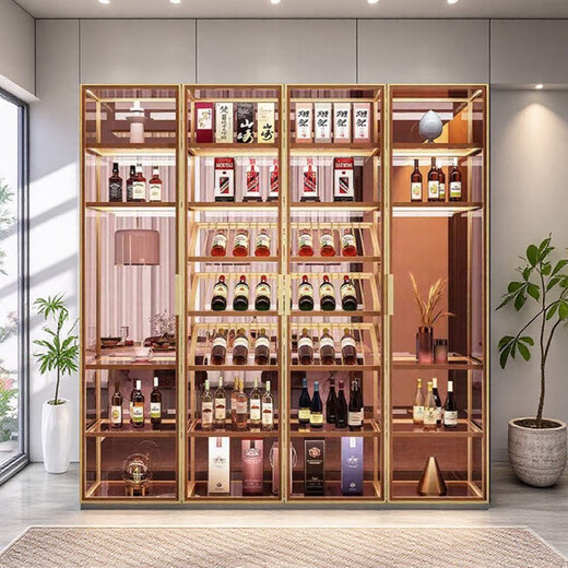 Yusenyi wall-mounted custom glass wine cabinet brushed gold display cabinet black frame + tea glass 1200x2000mm including wine glass holder