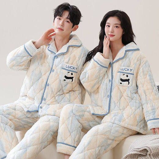 Victoria's style quilted couple's pajamas winter three-layer thickened warm coral velvet cotton home clothes for men and cute cotton jackets for women 7893 M Women