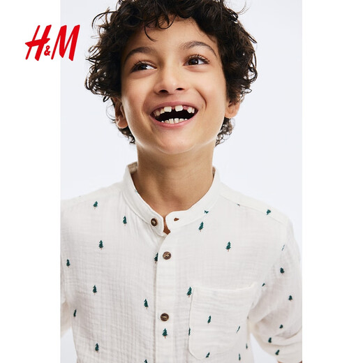H&M Children's Clothing Children's Boys' Shirts 2026 Spring New Cotton Muslin Chinese Collar Collarless Shirt 1254677 White/Fir Tree 150 150/76 (11-12Y)
