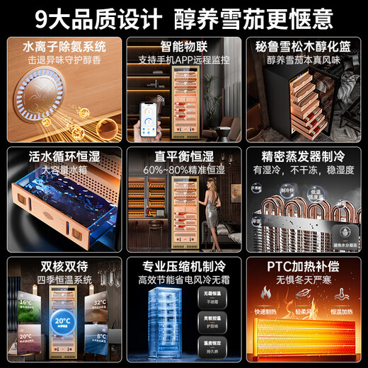 Kelong 608C cigar cabinet with constant temperature and humidity, water ion ammonia removal, smart WiFi, IoT control, air-cooled cedar wood liner shelf, alcohol feeding, water circulation compressor, refrigeration cigar cabinet, rose gold 1 box culture + cedar wood liner shelf + purified ammonia + WiFi