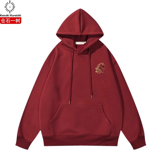 Kuraishi Kazuki high-end burgundy sweatshirt men's 2026 autumn and winter trendy versatile embroidered Year of the Horse animal year clothes burgundy XL