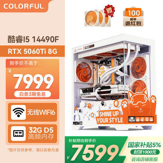 Colorful Orange Shadow Orange Cat Intel Core i5 14490F/5060TI/32G/1T White Sea View Room Esports Game Designer Desktop Delta Host Assembly Computer