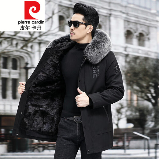 Pierre Cardin Parker Men's 2025 New Fox Fur Liner Mid-Length Fur Jacket Black Shell + Black Mink Fur Liner Cream Black Fur Collar <Genuine Leather> M 90Jin Jin equals 0.5kg --110Jin Jin equals 0.5kg