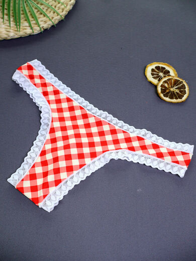 Men's Thong Low Rise Sexy Lace Half Cover Hips U Bumper Pockets Breathable and Comfortable Seamless Panties Red S