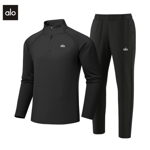 ALO YOGA autumn and winter sports and leisure suit stand-up collar sweatshirt trousers elastic fitness breathable men's warm two-piece suit black top + black pants suit (ALO-251011) M (95-115Jin Jin equals 0.5 kg)
