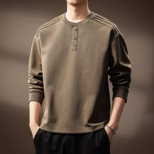 OLJ light luxury brand heavyweight Henry collar sweatshirt men's autumn design niche pleated long-sleeved T-shirt light coffee M suitable for 100-120Jin Jin equals 0.5 kg
