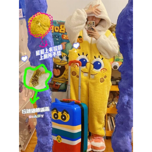 Sunayue SpongeBob SquarePants pajamas, the same style for male and female couples in autumn and winter, one-piece pajamas that can be worn outside, warm and cute home clothes, SpongeBob SquarePants straps style thickened S Height 145-155