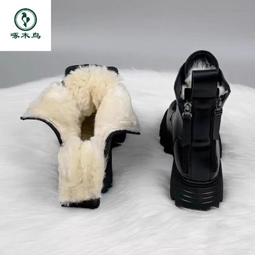 Woodpecker thick-soled Martin boots genuine leather wool boots women's fur integrated new thickened 2025 winter short boots snow boots black thickened cotton imported wool 37